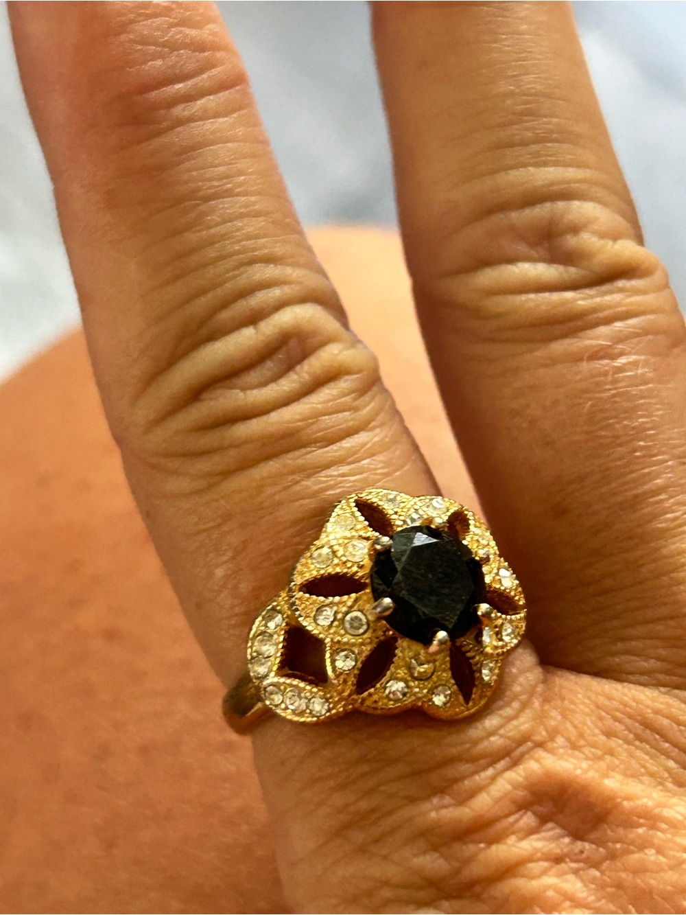 4/$100 Gold-Tone Black Stone Ring with Pave Accents size 7 3/4 - Picture 3 of 9